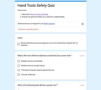 Online Hand Tool Safety Activity - Google Form Quiz