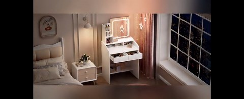 LIVELYGLOW Vanity Desk Set with Square Mirror and Light- Small Vanity Table with Drawers- White