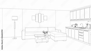 modern living room, sketch interior, 3d animation video 4k