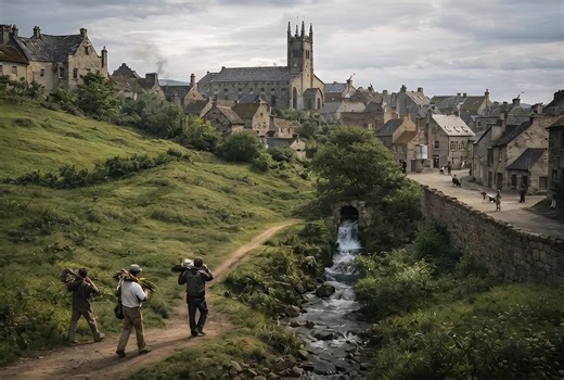 Welcome to the town of Bishopwearmouth: It is the early 19th century. What you see here in this clip is the view from the Galley's Gill area, soon to be the new Riverside Park. The Bishopwearmouth or Barnes Burn flows out into the River Wear. On the hill sits St. Michael's church, now known to us as the Sunderland Minster. Opposite it sits the remnant of the old Medieval rectory. To the right had side is Silksworth Row, where the Ship ISIS pub is now. This connects to the three core streets that