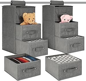 2 Sets 3 Shelf Hanging Closet Organizer with Drawers Closet Hanging Organizer Foldable Hanging Closet Shelves for Wardrobe Nursery Locker RV Clothes Sweaters Shoes Storage Organization (Gray)