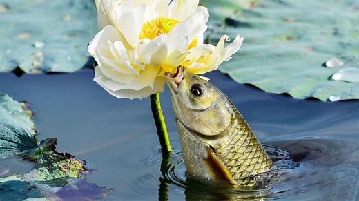 鱼戏荷花视频，实拍鱼儿跳出水面吃莲花，慢镜头，难得一见的奇观！