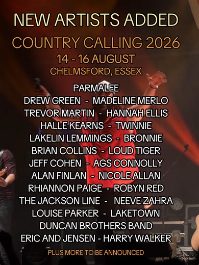 I THINK WE’VE TEASED YOU ENOUGH…🤠 It’s payday weekend and we’re thrilled to reveal WAVE TWO of Country Calling! We’re bringing Parmalee – multi-number 1 hitmakers, headlining and making their UK debut & exclusive UK performance 🎤 Plus: Drew Green – UK debut Madeline Merlo – UK debut Trevor Martin – UK debut Hannah Ellis – returning fan favourite Halle Kearns – returning fan favourite Lakelin Lemmings – UK debut To name a few… 👀 And guess what… we’re not done yet! More artists to come. 🎟️ Get