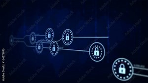 4K animation Security lock with loading connection line for futuristic cyber technology network safety and protection concept, with blur and shallow depth of field