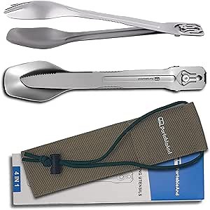 PortableAnd 4-in-1 Camping Utensil Set: Spoon, Spork, Knife, Tongs - Stainless Steel Multi Tool for Outdoor Cooking, Backpacking, Hiking, Picnics - Lightweight Travel Utensil with Carry Bag (1-Pack)
