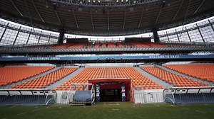 An Empty Rows of Plastic Seats in Football Stadium, Ekaterinburg Arena, Russia. Action. Panoramic Football Stadium with Stock Video - Video of sitting, rising: 175246211