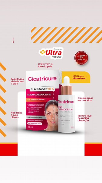 Cicatricure®️ Sérum Clareador Vit C é enriquecido com 10% de Nano Vitamina C, potencializando a ação antioxidante e garantindo maior eficácia para chegar às camadas mais profundas da pele. Clareia áreas escurecidas e uniformiza o tom da pele, agindo nos diferentes tipos de marcas. Vem garantir o seu aqui e comece o ano cuidando da pessoa mais importante da sua vida, você! ❤️🤩 #ultrapopulararapiraca #saude #vitaminaC #farmacia #cuidados #cicatricurevitc #arapiraca #alagoas