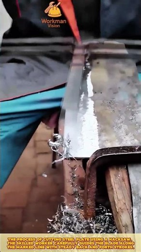 Skilled Worker Cutting Steel Plate Using Hacksaw for Precise Edge Finishing