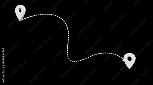 Animation of airplane route to the pin point, Movement of air plane flight and route with points. Airplane line path animation, Travel on airplane map with Location. .alpha channel only 4k