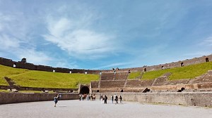POMPEII (Pompei), Italy, 14 APRIL 2024 - Amphitheatre of Pompeii, Pompeii, Naples, Campania, Italy, an ancient Roman city buried by Vesuvius in 79 AD