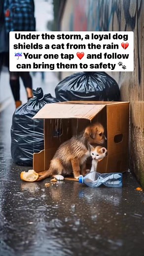 Under the storm, a loyal dog shields a cat from the rain 💔☔ Your one tap ❤️ and follow can bring them to safety 🐾 #UnbreakableBond #DogAndCat #RescueHope #LoveInTheRain #HelpThem | Pets Hub