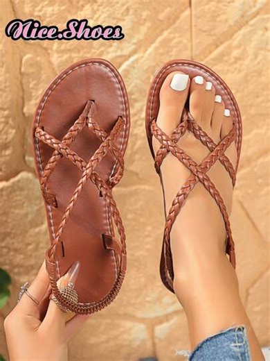 Women's New Woven Flat Sandals, Black/Brown/White, Thong Slippers, Solid Color Open Toe Anti-Slip Slides, Outdoor & Indoor Wear, Fashion Daily Casual Flat Beach Shoes, Bohemian Criss-Cross Strap Flat Sandals, Comfort Lightweight Hollow-Out Open Toe Flats, High-Top Roman Sandals, Gold/Black Flat Sandals, Beach Shoes | SHEIN