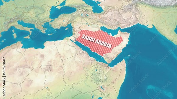 Map of Saudi Arabia along with Zooming and Rotation. 4K Motion graphics Animation.