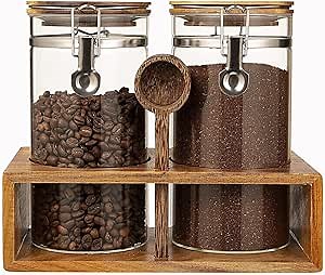 Yangbaga Glass Coffee Container with Wooden Shelf,2×45OZ Coffee and Sugar Container Set,Coffee Canisters with Airtight Lids and Scoop,Large Capacity Food Storage Jars for Coffee Beans,Nuts,Tea,Sugar