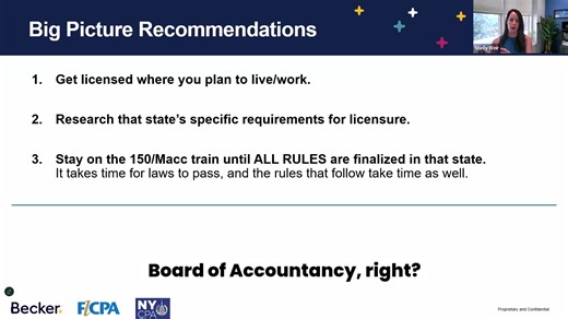 Thinking about CPA licensure? Avoid "state hopping." Get licensed where you plan to live and work, and check your state's specific requirements for a smoother path. Watch the webinar on demand now: https://shorturl.at/iXxxQ | Becker Accounting