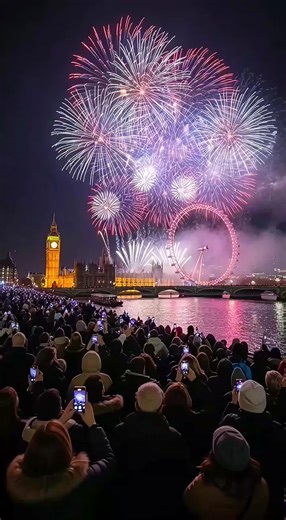 Happy New Year 😍 New Year’s Eve 2026 in London 🇬🇧 Crowds cheering 🎉 Fireworks exploding 🎆 A real moment, real motion, real magic ✨ #happynewyear #london #fireworks #2026