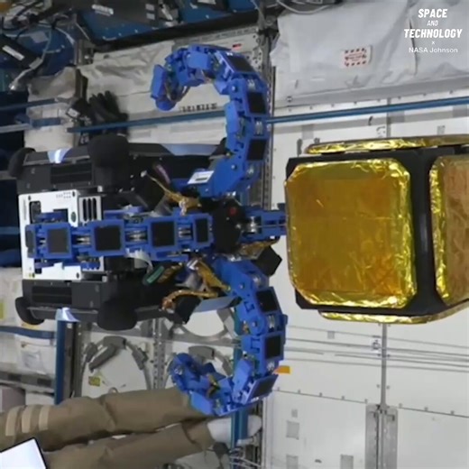 This is NASA’s Astrobee, a cube-shaped robot that flies freely inside the ISS to help astronauts with daily tasks.It can move using built-in fans, navigate with vision sensors, and work either on its own or be controlled from Earth.Some versions have robotic arms that can detect and grab objects, and this tech could be used in the future to remove space debris or service satellites.