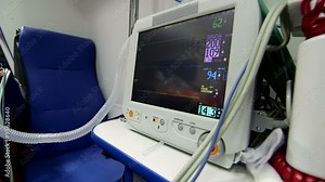 Medical equipment in ambulance screen of patient monitor displayed abnormal high blood pressure with risk of heart attack or stroke