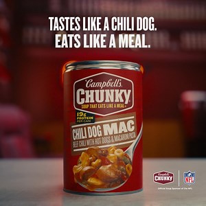Tackle your cravings with the deliciousness of Chunky® Chili Dog Mac. With 19 grams of meaty protein per can, it’s everything your NFL-sized hunger needs. | Chunky Soup