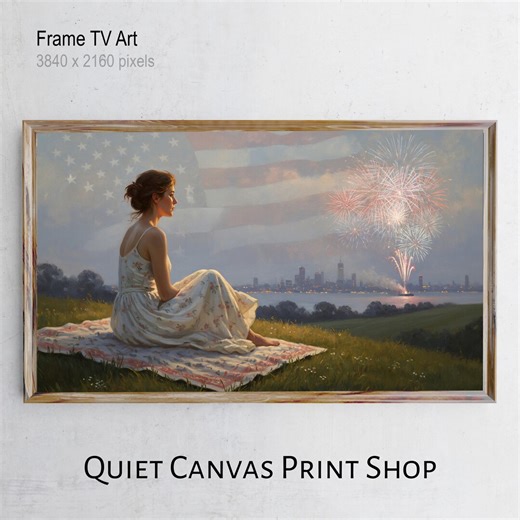 4th of July Frame TV Art, Patriotic Picnic Scene Fireworks TV Art, Americana Style Frame Art, Summer Evening Decor, Digital Download