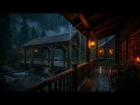 Heavy Rain on a Cozy Cabin Porch 🌧️ Rain & River Sounds at Night for Deep Sleep and Relaxation