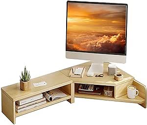 Double Deck Monitor Riser,Cut Triangle Save Space Desktop Corner Stand for Computer ,Desktop Rack Wooden With Storage Laptop Riser Board Office Organization( Brushed White Oak)
