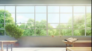 School classroom with books, wooden desks and chairs, and a blackboard on the wall. Seamless looping video animation background.