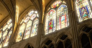 Saint-Severin Church Ancient Stained Glass Around The Ambulatory In Paris, France. - low angle