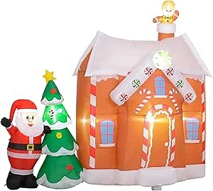 Outsunny 7FT Christmas Inflatable Gingerbread House Santa Claus and Xmas Tree, Giant Christmas Inflatables, Huge Blow Up Christmas Decorations with LED Lights for Indoor, Outdoor, Yard, Party