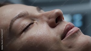 Close‑up biometric facial scanning with projected grid, high‑resolution 3D mapping of skin texture and contours for identity verification, dermatology analysis and contactless authentication