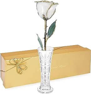 Forever Rose Hand-Dipped in 24K Gold, White Pearl-Inspired June Birthstone, Real Rose in Luxury Gold Gift Box & Clear Glass Bud Vase – Perfect Ready to Gift for June Birthday or Any Occasion