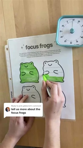 Replying to @pink.gibberish all worksheets featured are part of my ADHD-optimized printable planner! Heres my take on the Pomodoro method— a classic focus technique, but make it froggier 🐸🐸 For every 25-minute sprint of focused work, color in a section and then take a 5 minute break. When your frog is full, enjoy a longer break to take a walk, do a timed social media scroll or make a yummy snack. Hope this helps if you were curious about the focus frogs!! #productivityhack #productivitytips #a