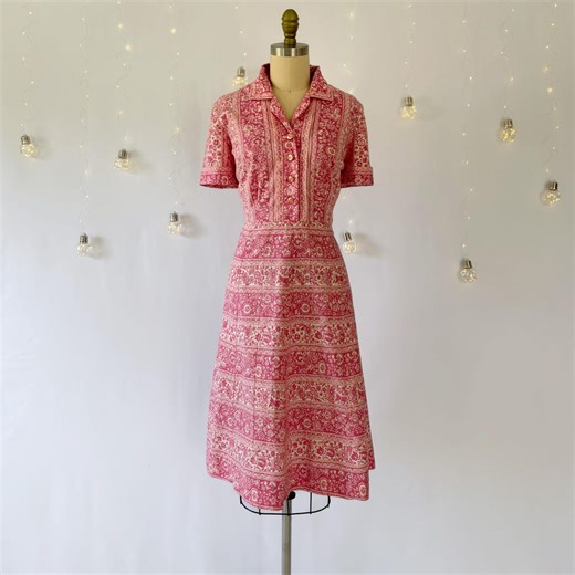 1950s Shirtwaist Dress - Size 8 Medium - Pink Cotton Day Dress With Folk Print - Etsy