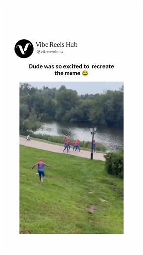 Vibe Reels Hub™ on Instagram: "The video captures a humorous outdoor scene in a park-like area beside a river, where a group of people dressed in identical red-and-blue Spider-Man costumes are playfully recreating the iconic Spider-Man pointing meme. It begins with several Spider-Men running along a paved path, gathering around a lamppost on the grassy embankment. One individual, initially separated from the group and positioned further down the slope, spots the gathering and sprints enthusiasti