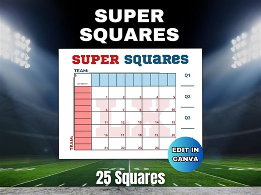 25 Super Football Bowl Squares, Printable Big Game Squares, Sports Fundraiser, Edit in Canva, Football Betting, Office Football Pool - Etsy