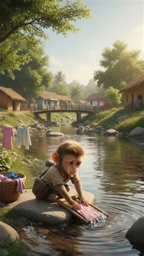 poor baby monkey washing clothes for food no one help him. 😥