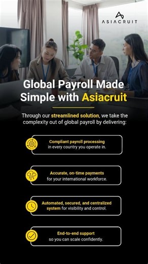 Whatever payroll support you need, Asiacruit has it! We turn payroll complexity into clarity so you can scale your business faster and smarter! ✔ Fully compliant payroll in every country ✔ Accurate and on-time payments ✔ Automated, secured, and centralized system ✔ End-to-end workforce support Focus on growth and we’ll handle the rest! 👉 Talk to us at asiacruit.com #Asiacruit #GlobalWorkforce #EOR #PayrollSolutions #GlobalExpansion | Asiacruit BPO, Inc.