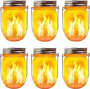 Solar Flicker Torch Lights, 6 Pack Waterproof Dancing Flicker Lanterns Lights Build-in Glass Mason Jar, Outdoor Patio Yard Desktop Party Halloween Xmas Decor Solar Lanterns