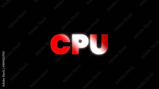 Bold animated text displaying CPU in red and white letters on dark background, ideal for computer technology, processor concepts, and digital performance visuals.