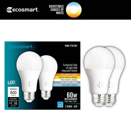 Reviews for EcoSmart 60-Watt Equivalent A19 E26 Base Dimmable CEC LED Light Bulb with Selectable Color Temperature (2-Pack) | Pg 5 - The Home Depot