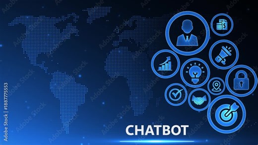 Futuristic AI chatbot interface with digital network and user icons in glowing blue cyber space technology concept