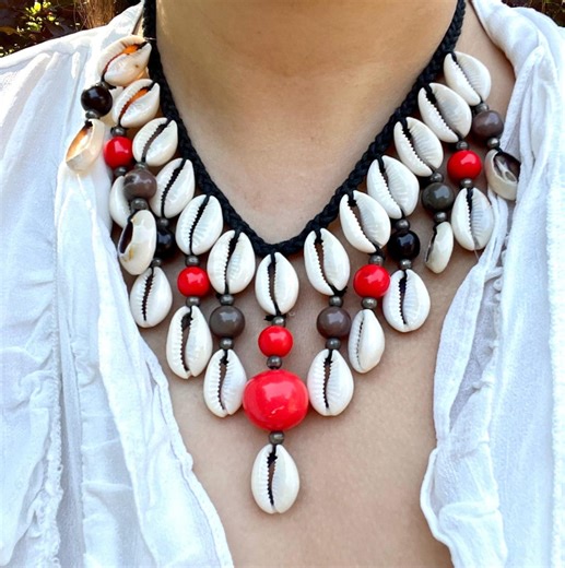 Vintage Cowrie Shell Statement Necklace Tribal Boho Statement Cord Beaded Beach Jewelry - Etsy