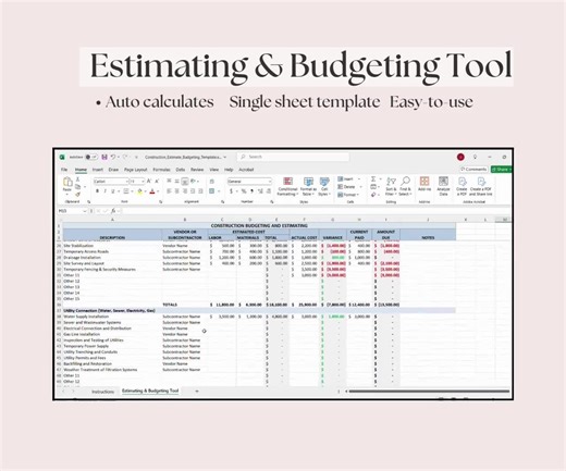 Construction Budget and Estimate Template: Excel & Google Sheets Cost Tracker - Etsy