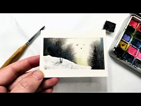 UNDER 15 MINUTES Quick and easy winter watercolor landscape » Winter painting tutorial for beginners