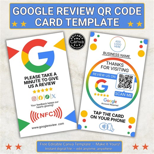 Google Review QR Card Template, NFC Review Card, Canva Google Review Flyer, Scan for Review, Business Thank You Rating Card