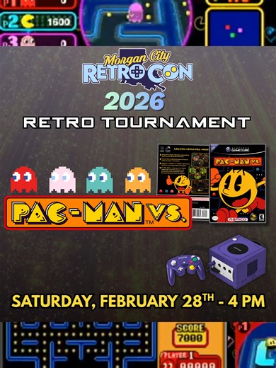 I've got a fever, and the only prescription is more PAC-MAN! Continuing our 25th anniversary celebration of the Nintendo GameCube, players will have the chance to compete in PAC-MAN VS! If you've never heard of this game before, it is a very unique experience that has one player utilizing a GameBoy Advance to play as PAC-MAN, while three other players will fight the titular hero as the infamous ghosts. Registration begins when the doors open at 10 AM, and the tourney will begin at 4 PM SHARP. At