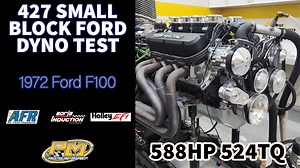#FordFriday! 588HP Stack injected 427ci Windsor off the dyno for Dylan's '72 Ford F100 up in New York. AFR - Air Flow Research heads with Borla stack injection controlled by Holley MPEFI. We have the Canton Racing rear sump oil pan on to fit his truck along with a very nice March Performance Onyx serpentine kit to finish it off. We offer customization and personalization that most other engine builders do not. We also have the know-how of actually installing these engine packages in the vehicles