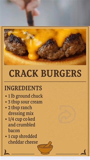 🍔 Crack Burgers – Juicy, Cheesy, Bacon-Loaded Magic! 🔥 Ready in 12 mins & packed with flavor! 💥 🛒 You’ll Need (Serves 4): • 1 lb ground chuck • 3 tbsp sour cream • 2 tbsp ranch mix • ¼ cup crumbled bacon • 1 cup shredded cheddar 👨‍🍳 Steps: 1️⃣ Mix all ingredients 2️⃣ Shape into 4 patties 3️⃣ Grill → flip gently (they’re super moist!) 4️⃣ Serve on buns with fave toppings 🍅🥬 📌 Save it & tag a burger lover who NEEDS this! #CrackBurgers #BurgerLovers #EasyDinner #CheesyGoodness #GrillSeason