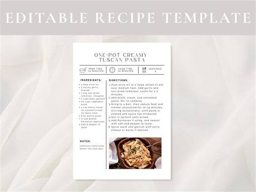 Printable Canva Recipe Template | Editable Recipe Page, Family Cookbook, Recipe Organizer, Kitchen Binder, Meal Prep Ideas, Recipe Download - Etsy