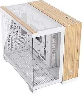 CORSAIR 2500X Small-Tower mATX Dual Chamber PC Case – Panoramic Tempered Glass – Reverse Connection Motherboard Compatible – No Fans Included – White/Bamboo Wood